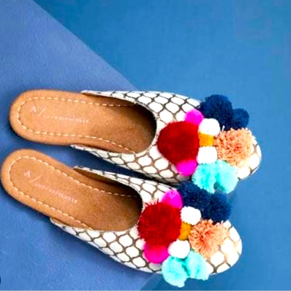 Anthropologie “pom pom rainbow” slip-ons